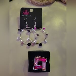 Paparazzi Silver Earrings with Pink Purple Accents With Pink Stretch Ring Set